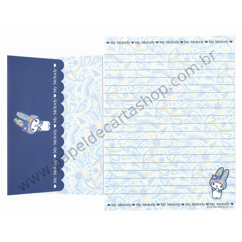 Ano 2001. Conjunto de Papel de Carta My Melody Dark Blue Antigo (Vintage) Sanrio