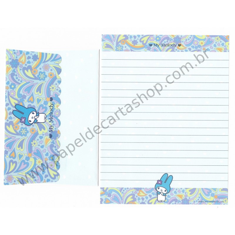 Ano 2001. Conjunto de Papel de Carta My Melody Light Blue Antigo (Vintage) Sanrio