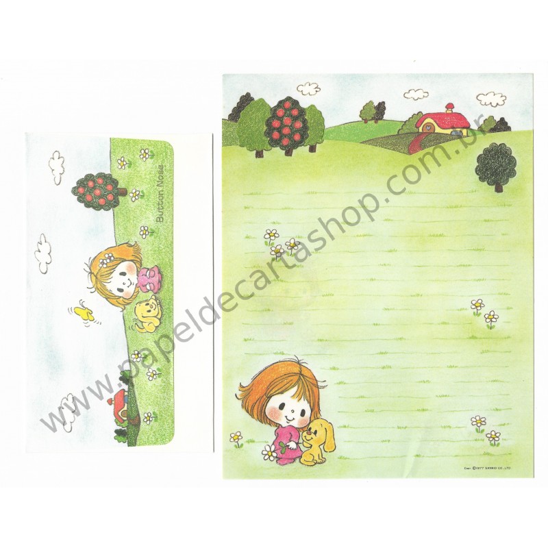 Ano 1977. Conjunto de Papel de Carta Button Nose Antigo (Vintage) Sanrio