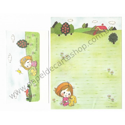 Ano 1977. Conjunto de Papel de Carta Button Nose Antigo (Vintage) Sanrio