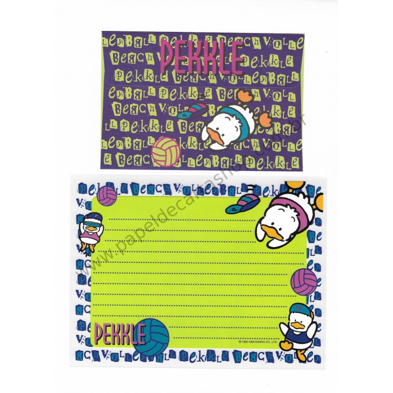 Ano 1996. Conjunto de Papel de Carta Pekkle Beach Volleyboll Antigo (Vintage) Sanrio