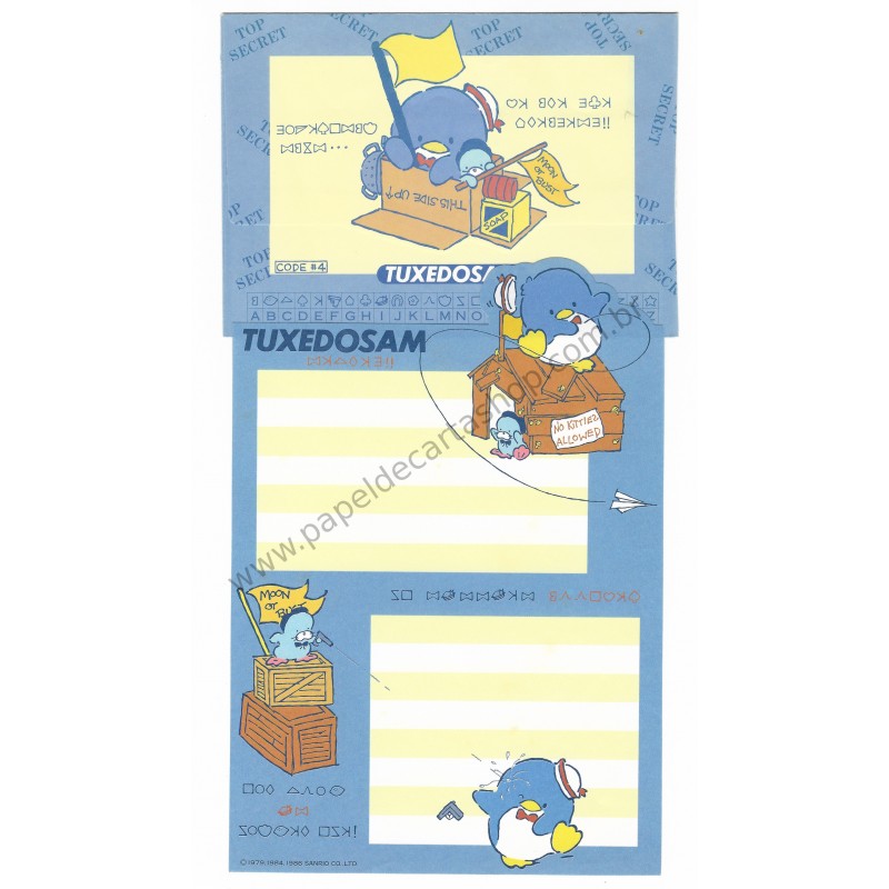 Ano 1986. Conjunto de Papel de Carta Tuxedosam Codes Vintage Sanrio