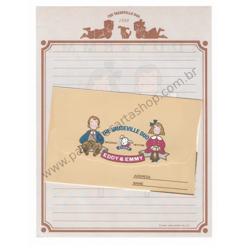 Ano 1984. Conjunto de Papel de Carta Vaudeville Duo Eddy & Emmy Sanrio