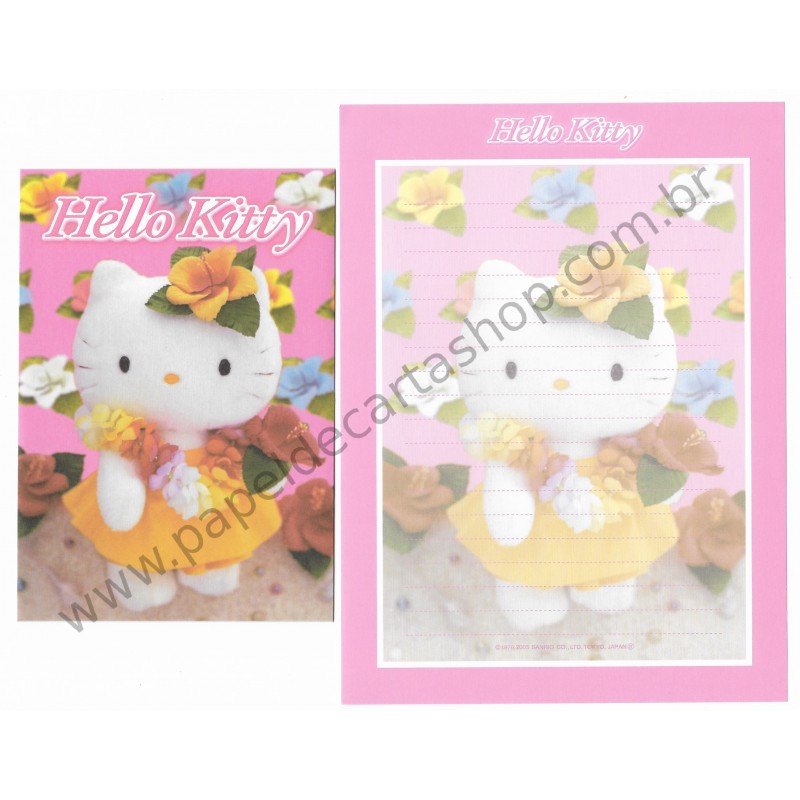 Ano 2005. Conjunto de Papel de Carta Hello Kitty Flores Pelúcia Sanrio