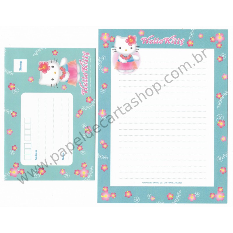 Ano 2000. Conjunto de Papel de Carta Hello Kitty Hawaii Sanrio