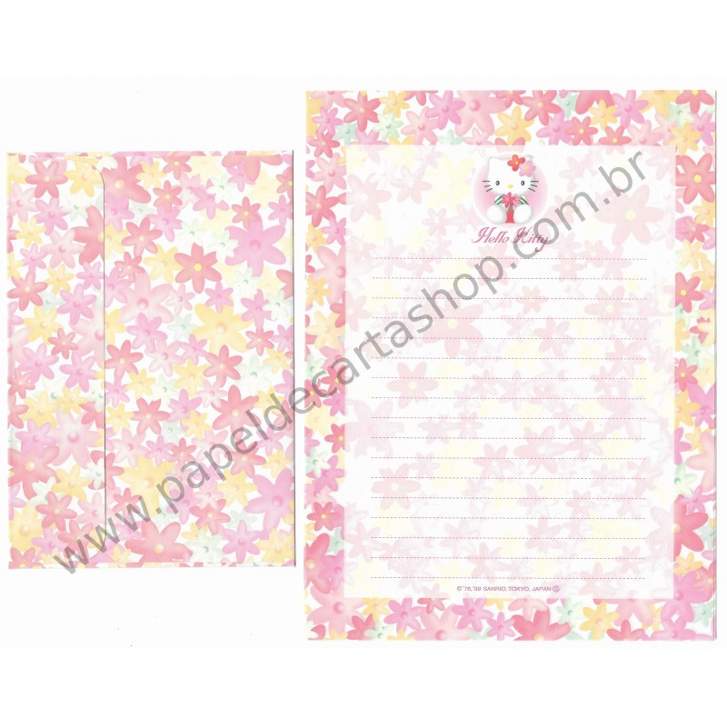 Ano 1999. Conjunto de Papel de Carta Hello Kitty Flores Sanrio