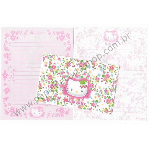 Ano 2001. Conjunto de Papel de Carta Hello Kitty Flores Dupla Sanrio