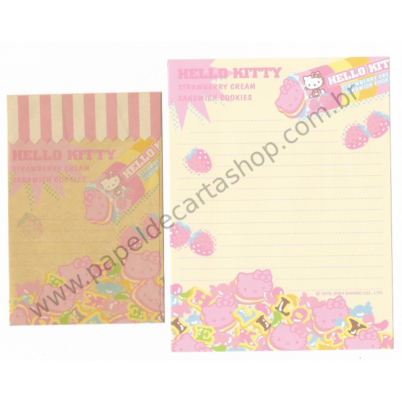 Ano 2003. Conjunto de Papel de Carta Hello Kitty Strawberry Cookie Sanrio