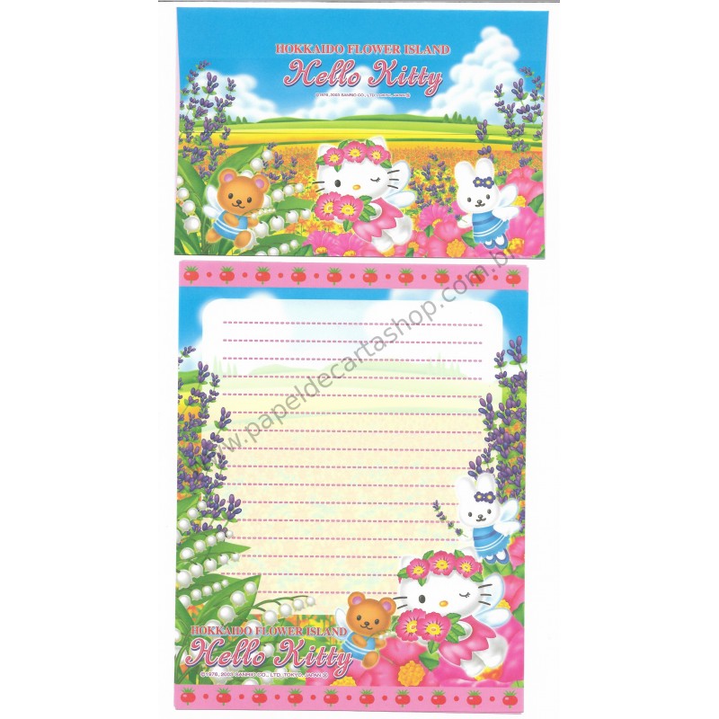 Ano 2003. Conjunto de Papel de Carta Gotōchi Kitty Hokkaido Flower Island Sanrio