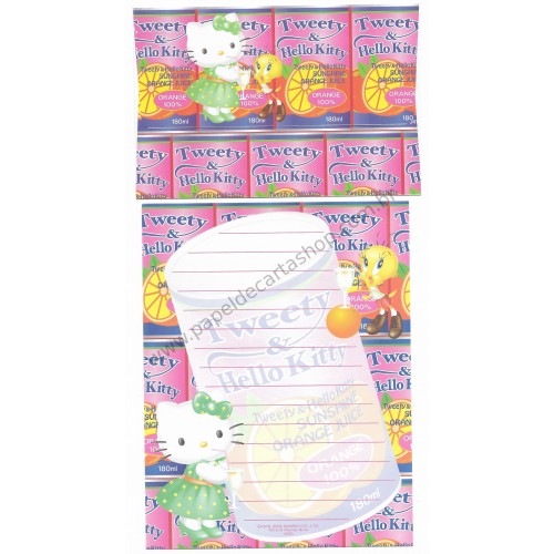 Ano 2002. Conjunto de Papel de Carta Hello Kitty & Tweety Orange Juice Sanrio