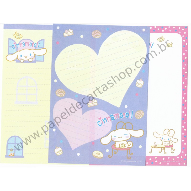 Ano 2005. Kit com 3 Papéis de Carta Cinnamoroll Lilás Sanrio