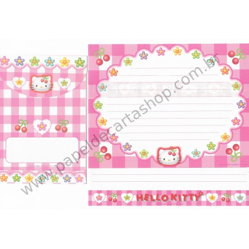 Ano 1998. Conjunto de Papel de Carta Hello Kitty Xadrez 1 Sanrio
