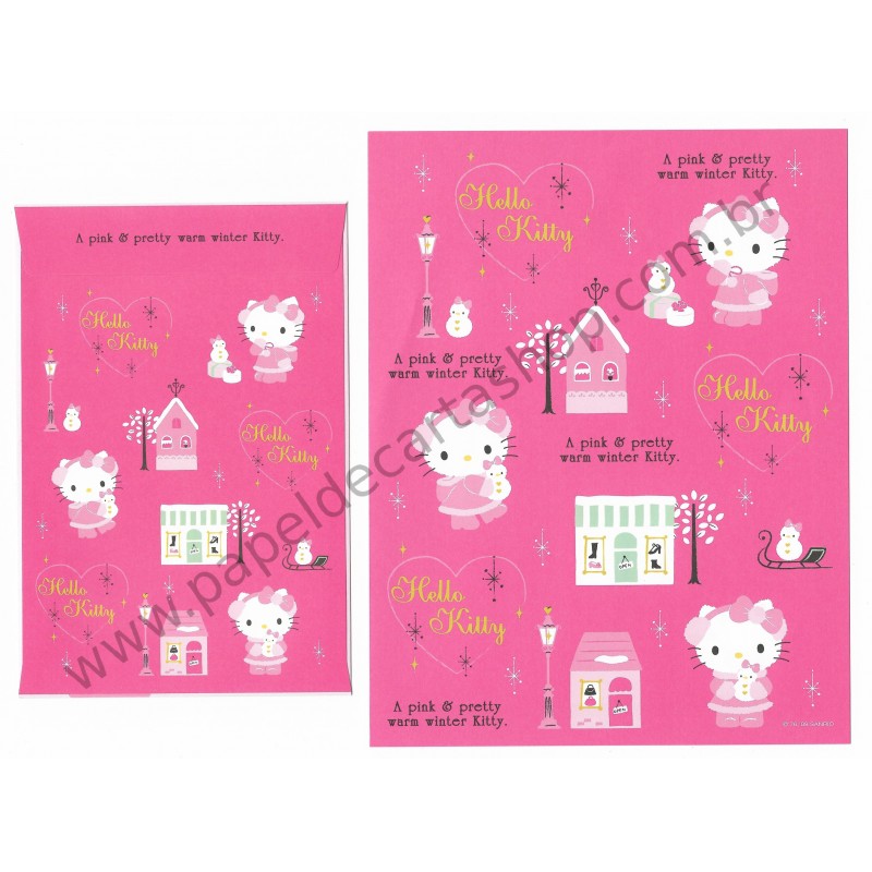 Ano 2009. Conjunto de Papel de Carta Hello Kitty Pink Winter Sanrio