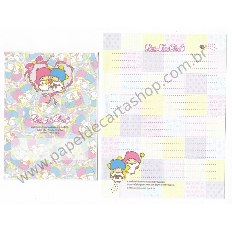 Ano 2002. Conjunto de Papel de Carta Little Twin Stars Patchwork Antigo (Vintage) Sanrio