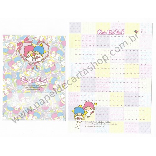 Ano 2002. Conjunto de Papel de Carta Little Twin Stars Patchwork Antigo (Vintage) Sanrio