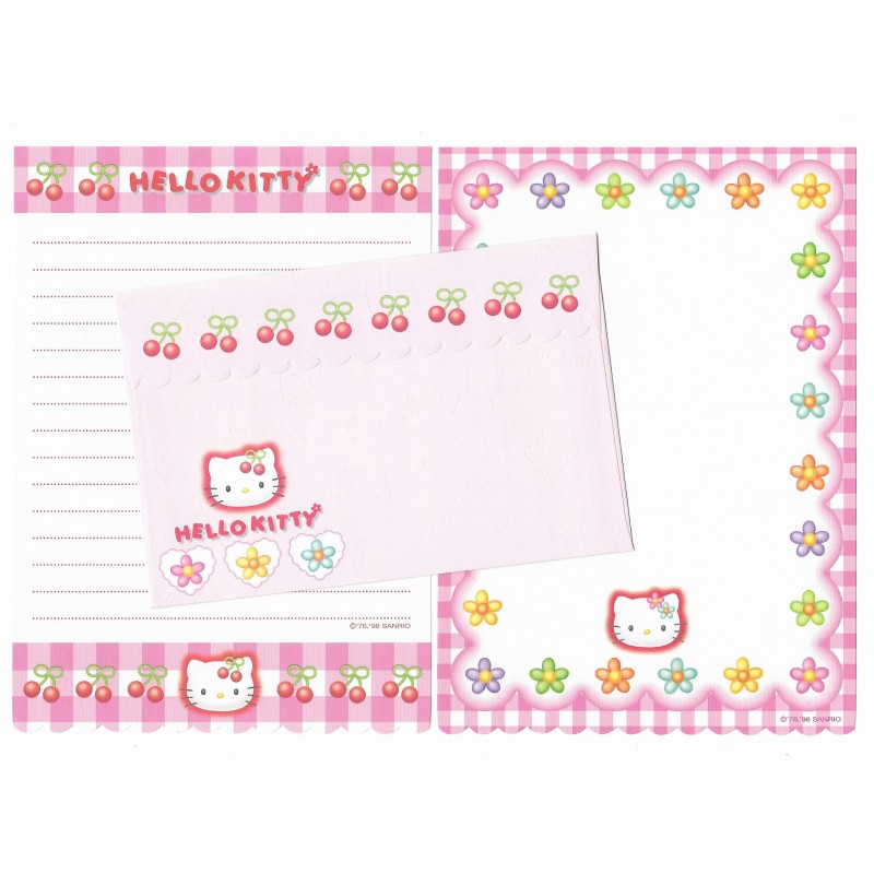 Ano 1998. Conjunto de Papel de Carta Hello Kitty Xadrez 3 Sanrio