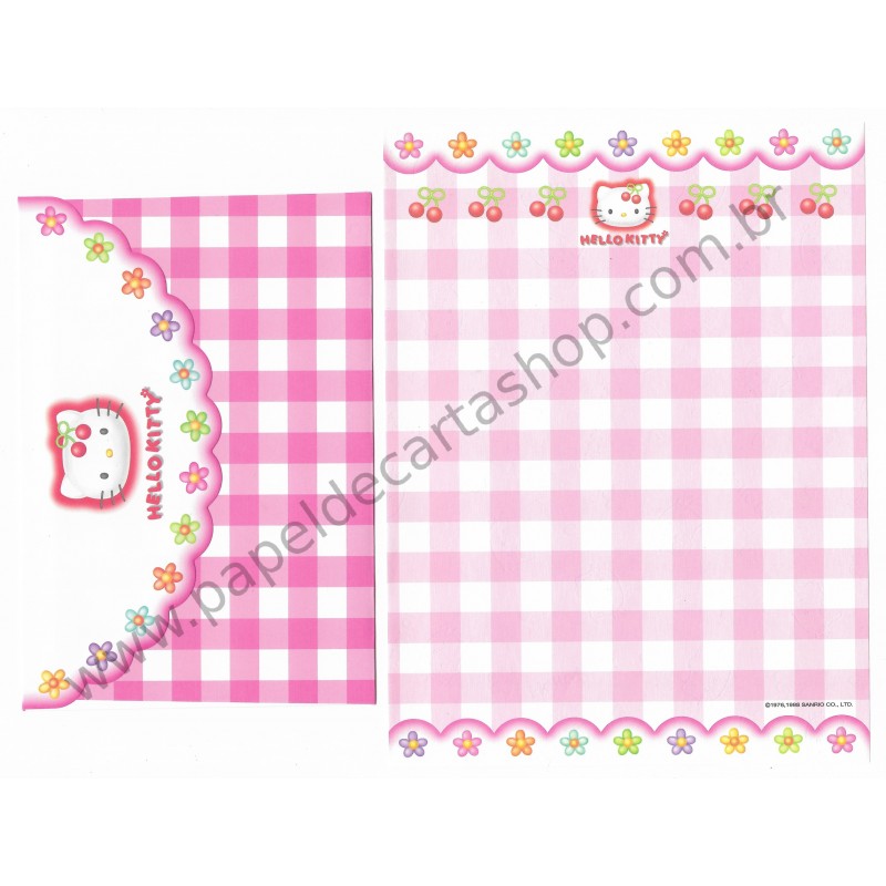 Ano 1998. Conjunto de Papel de Carta Hello Kitty Xadrez Cherry Sanrio