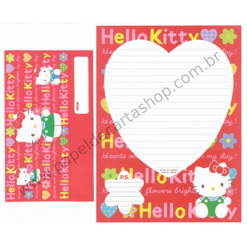 Ano 1994. Conjunto de Papel de Carta Hello Kitty Hearts Flowers Sanrio