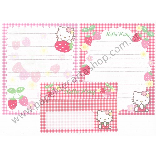 Ano 2007. Conjunto de Papel de Carta Hello Kitty Morangos Sanrio