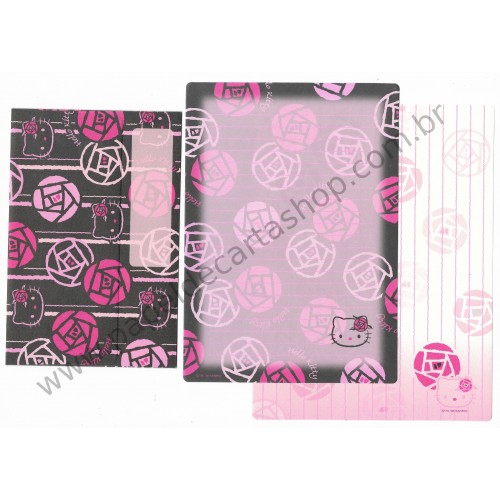 Ano 2008. Conjunto de Papel de Carta Hello Kitty Rosas (BLK) Sanrio