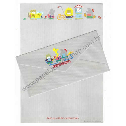 Ano 1983. Conjunto de Papel de Carta Campus Mascots Vintage Sanrio