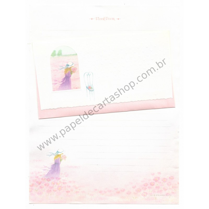 Ano 1976. Conjunto de Papel de Carta Vintage Floral Poem Lady Sanrio