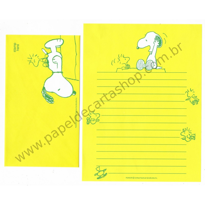 Conjunto de Papel de Carta Snoopy Verde Amarelo Antigo (Vintage) - Nihon Hallmark Japan