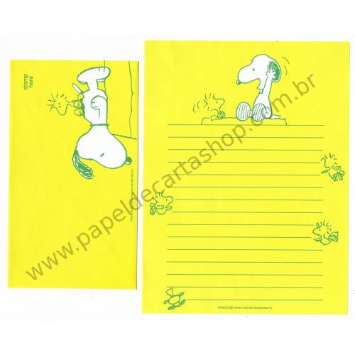 Conjunto de Papel de Carta Snoopy Verde Amarelo Antigo (Vintage) - Nihon Hallmark Japan