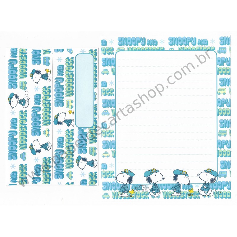 Conjunto de Papel de Carta Snoopy Verde e Azul Antigo (Vintage) Peanuts