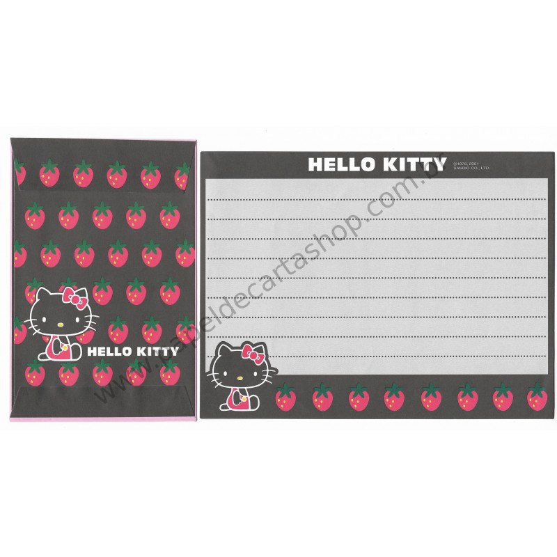 Ano 2001. Conjunto de Papel de Carta Hello Kitty Strawberry Black Sanrio