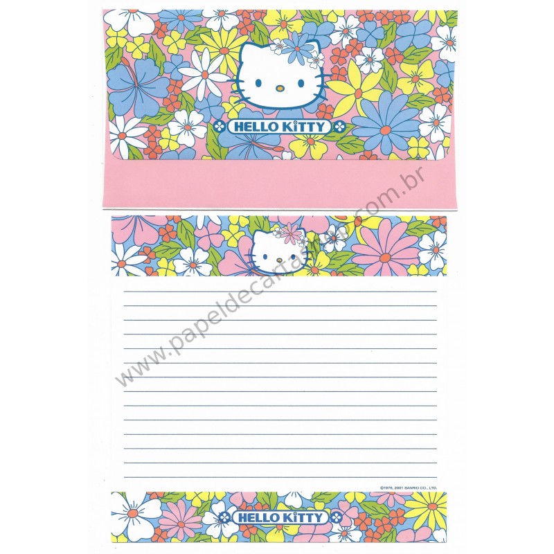 Ano 2001. Conjunto de Papel de Carta Hello Kitty Flores COR Sanrio