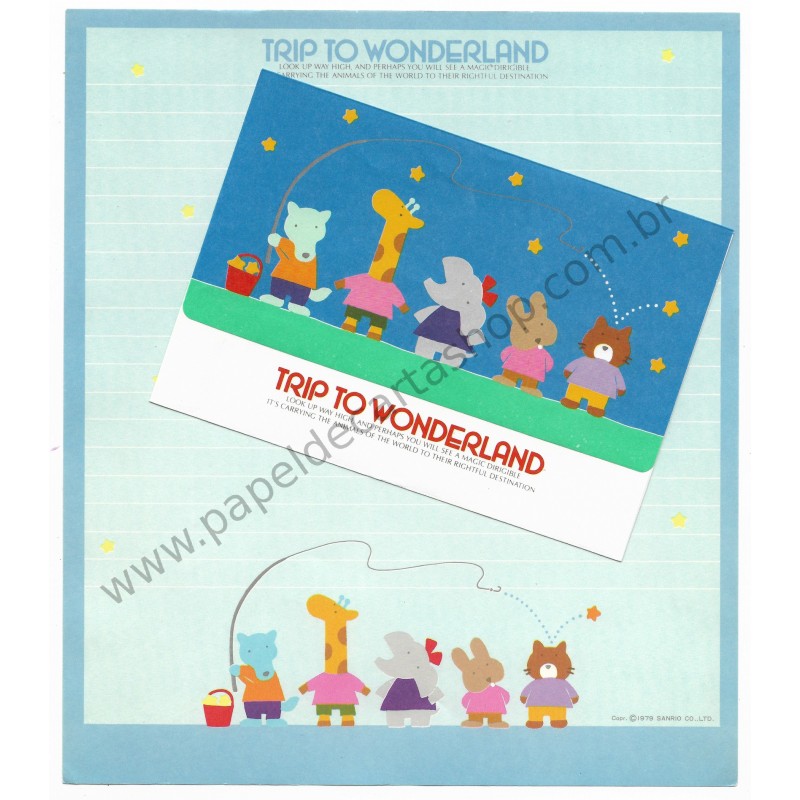 Ano 1979. Conjunto de Papel de Carta Trip to Wonderland Blue Vintage Sanrio