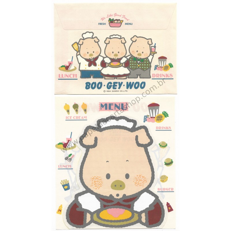 Ano 1984. Conjunto de Papel de Carta BOO GEY WOO Lunch Drinks CRS Vintage Sanrio