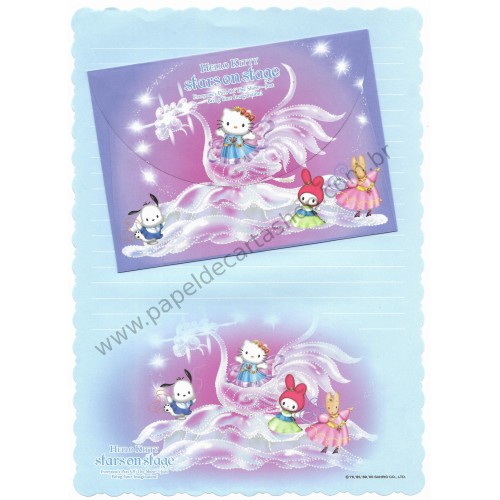 Ano 2000. Conjunto de Papel de Carta Hello Kitty Stars On Stage Blue Sanrio