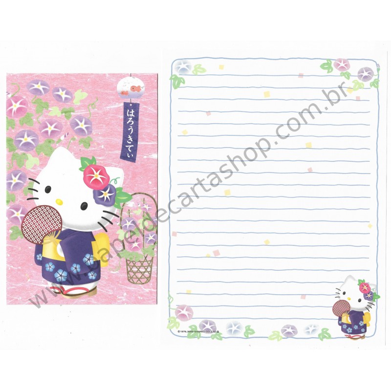 Ano 2000. Conjunto de Papel de Carta Gotōchi Kitty Kimono Sanrio