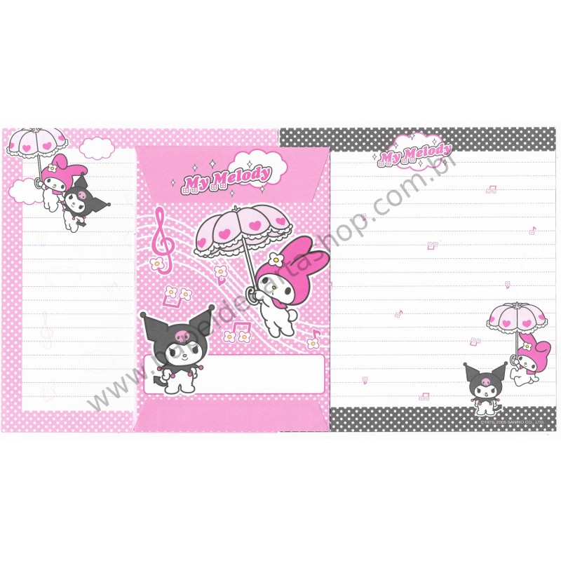 Ano 2005. Conjunto de Papel de Carta My Melody & Kuromi Umbrella Sanrio