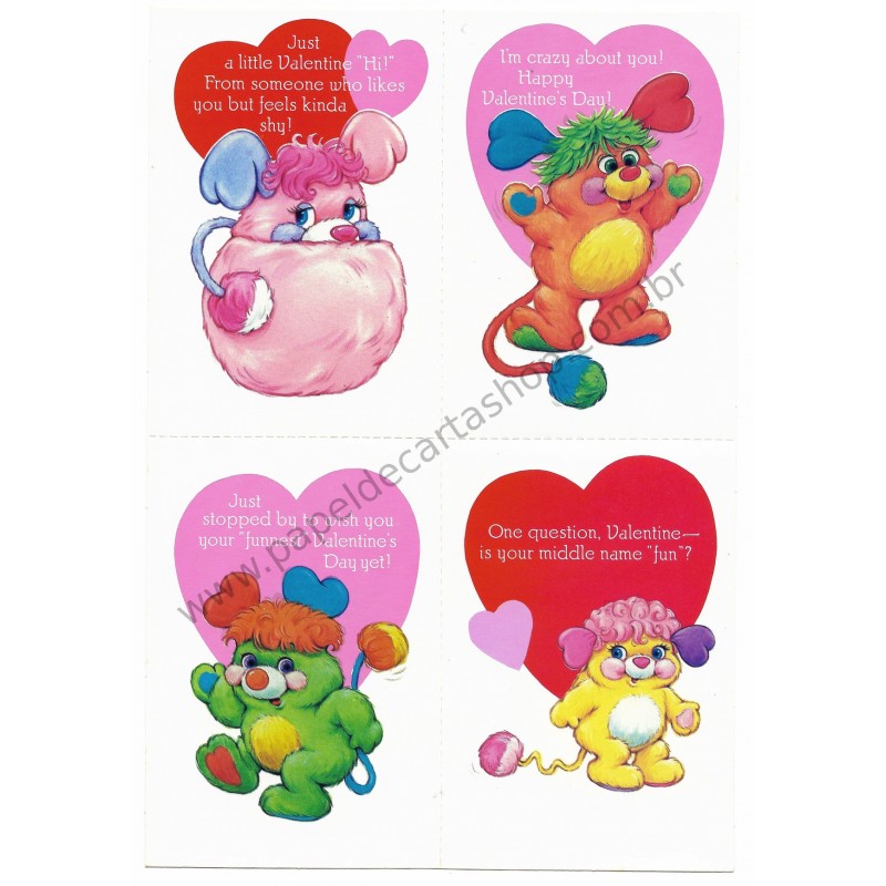 Kit 4 Mini-Cartões de Mensagem Valentines Antigo Importado Popples