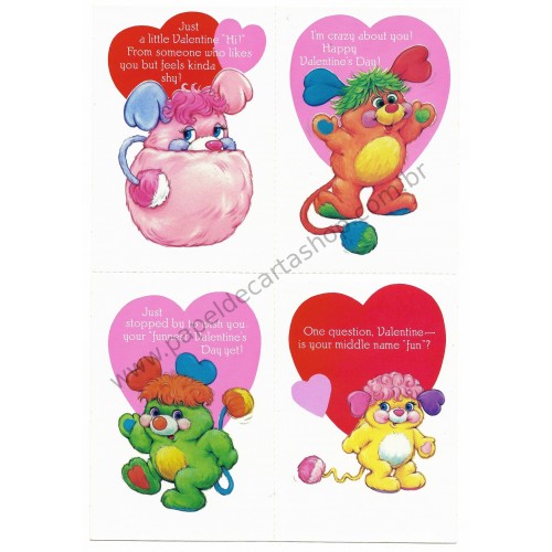 Kit 4 Mini-Cartões de Mensagem Valentines Antigo Importado Popples