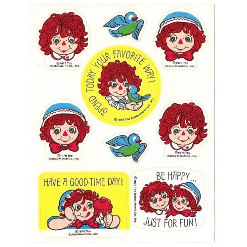 Cartela de Adesivos Antiga Raggedy Ann Bobbs-Merrill Co 1978