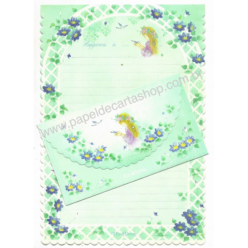 Ano 1976. Conjunto de Papel de Carta Vintage Floral Poem CVD Sanrio