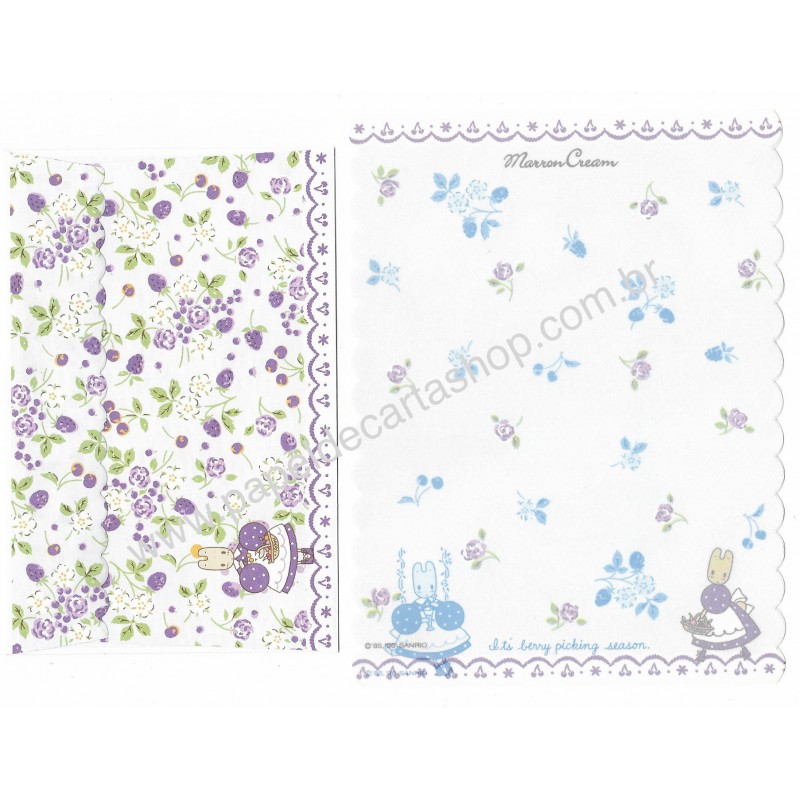 Ano 1996. Conjunto de Papel de Carta Marron Cream Vintage Azul Sanrio