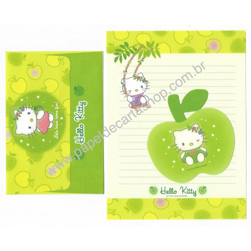 Ano 2002. Conjunto de Papel de Carta Hello Kitty Green Apple Sanrio