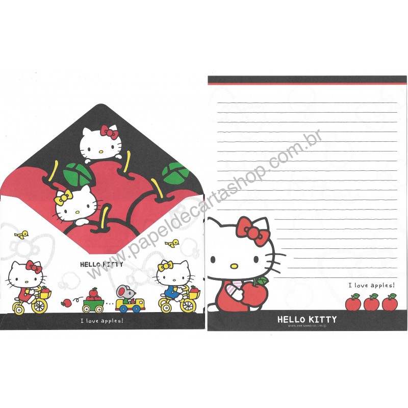 Ano 2008. Conjunto de Papel de Carta Hello Kitty Apples Sanrio