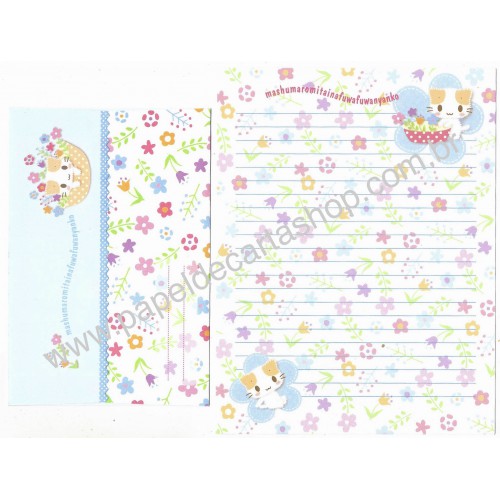 Ano 2007. Conjunto de Papel de Carta Fuwa Fuwa Nyanko Blue Sanrio