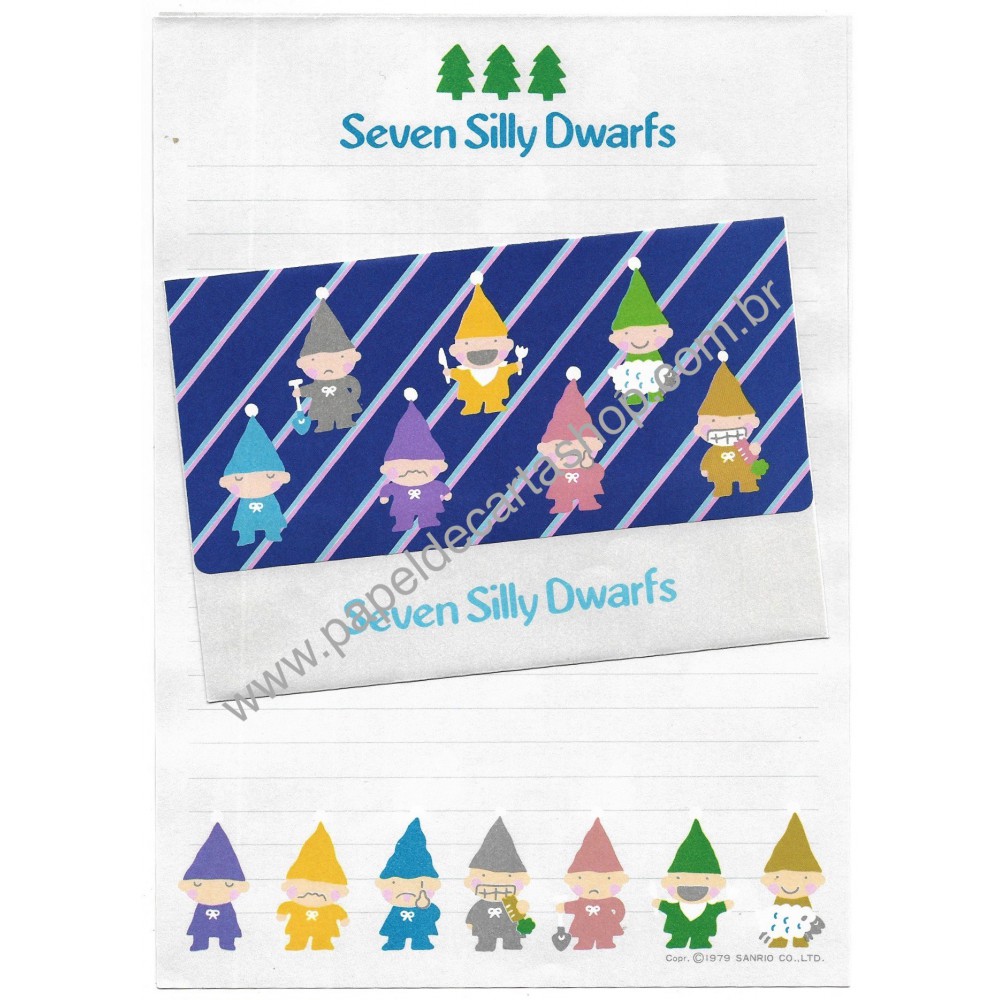 Ano 1979. Conjunto de Papel de Carta Seven Silly Dwarfs Vintage Sanrio