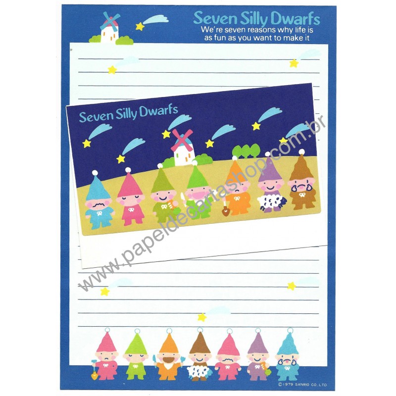 Ano 1979. Conjunto de Papel de Carta Seven Silly Dwarfs Fun Sanrio
