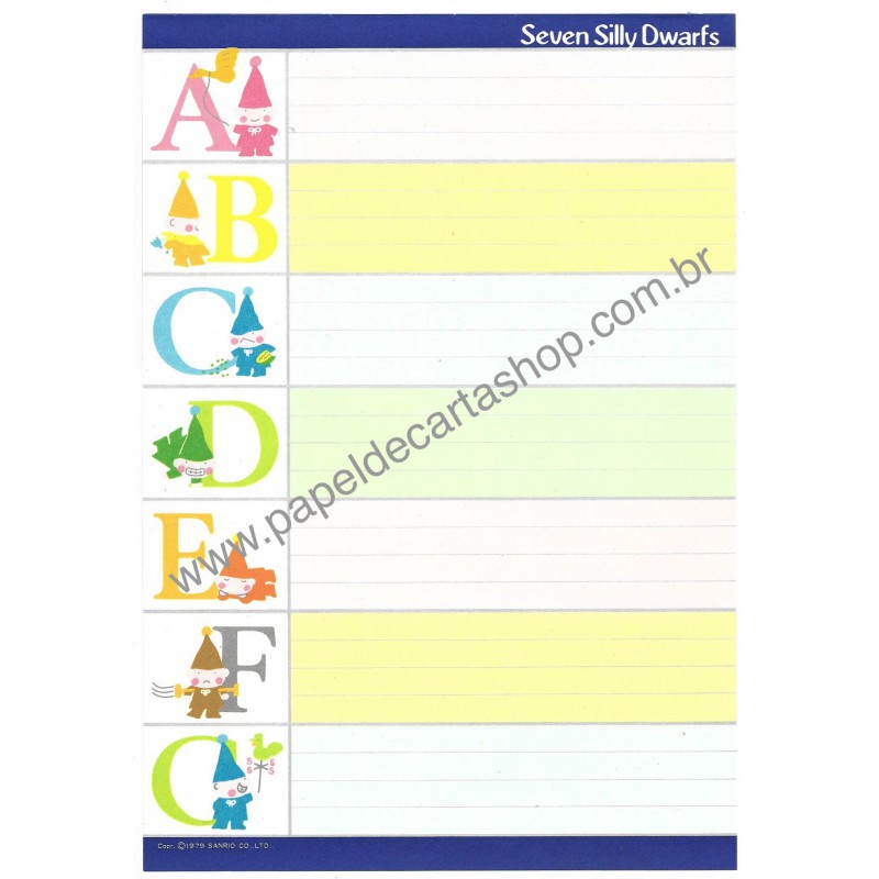 Ano 1979. Conjunto de Papel de Carta Seven Silly Dwarfs ABC Sanrio