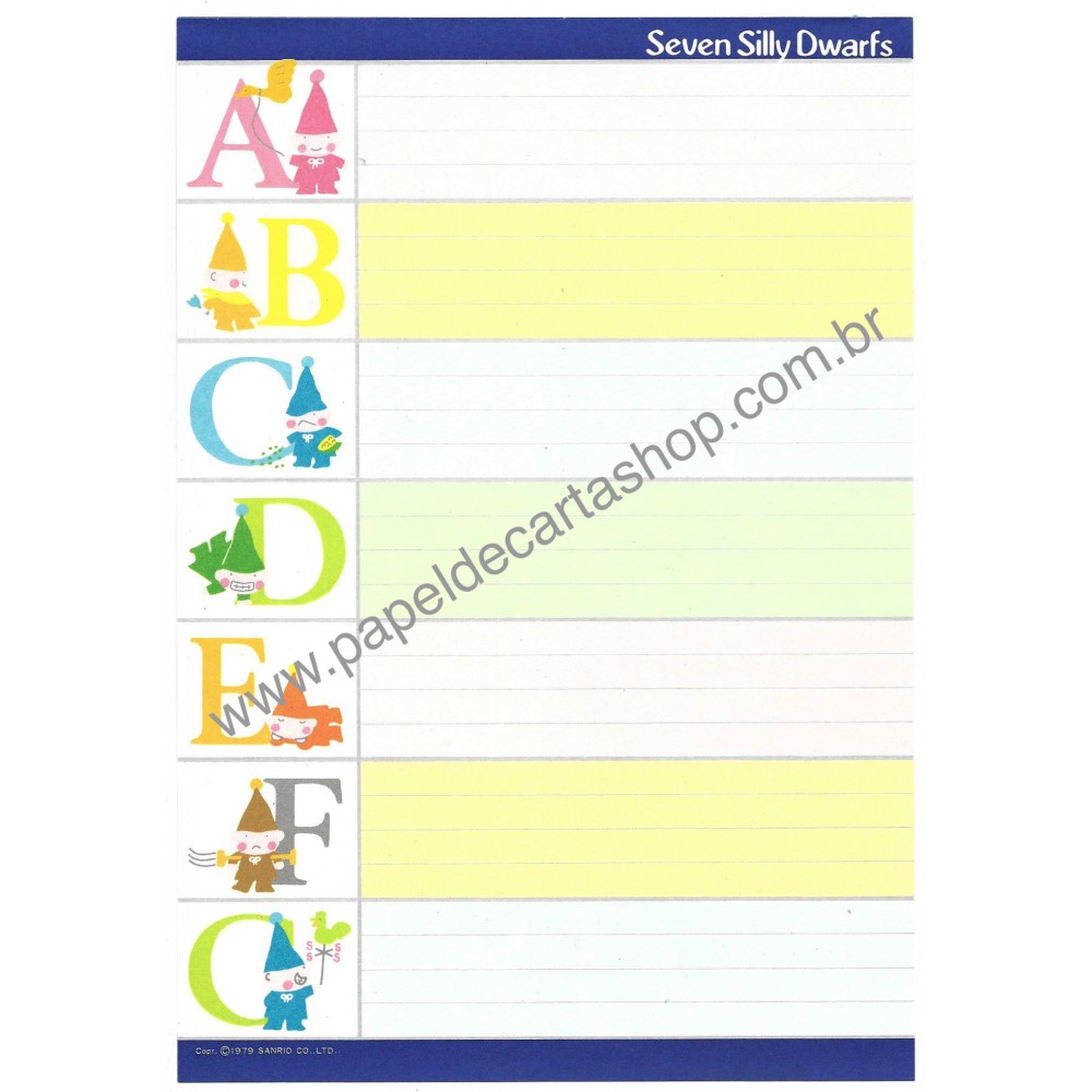 Ano 1979. Conjunto de Papel de Carta Seven Silly Dwarfs ABC Sanrio