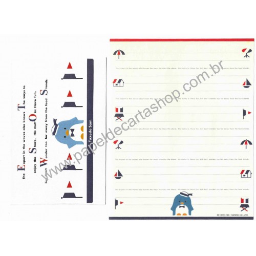 Ano 1991. Conjunto de Papel de Carta Tuxedosam Seaside Fun Vintage Sanrio
